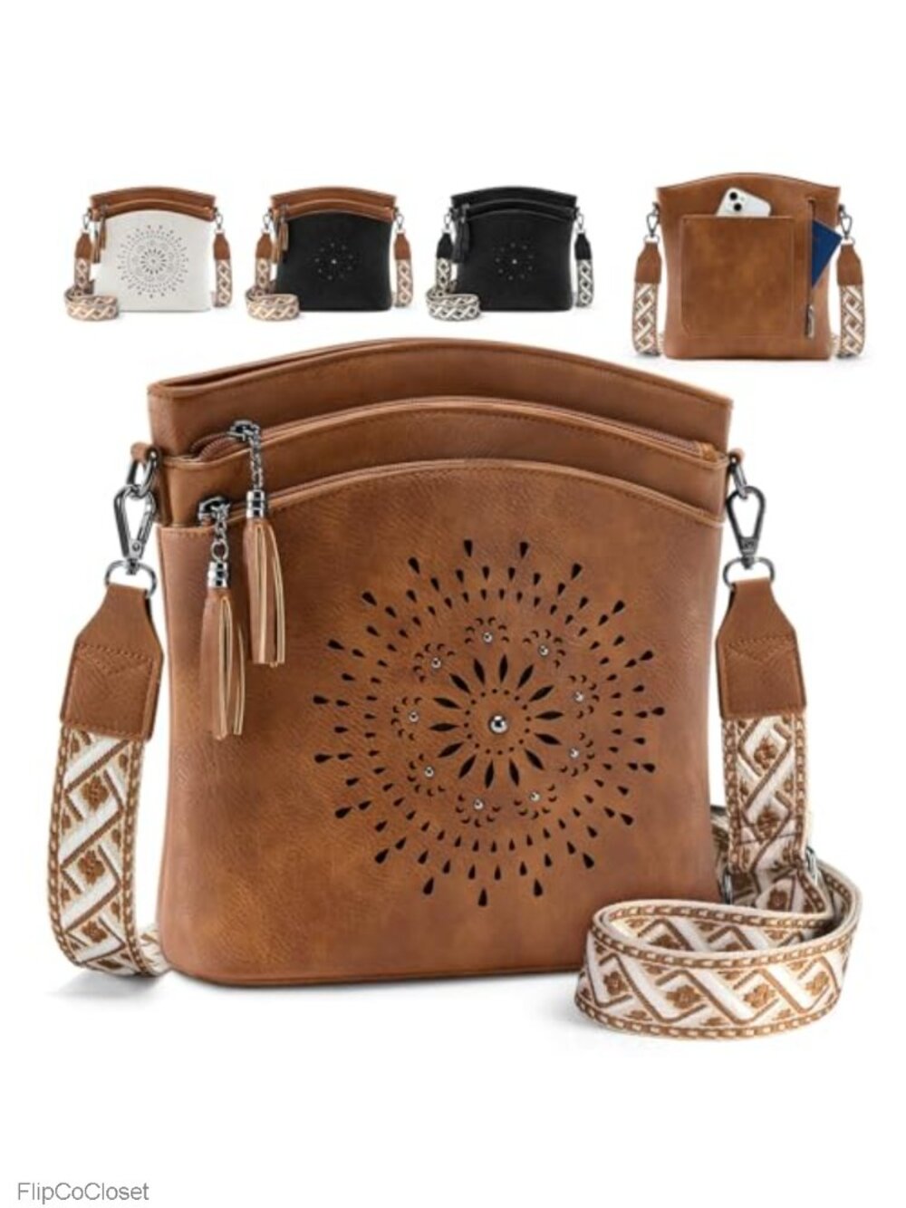 Faux Leather Floral Crossbody Bag with Adjustable Strap, 7 Pockets, Medium